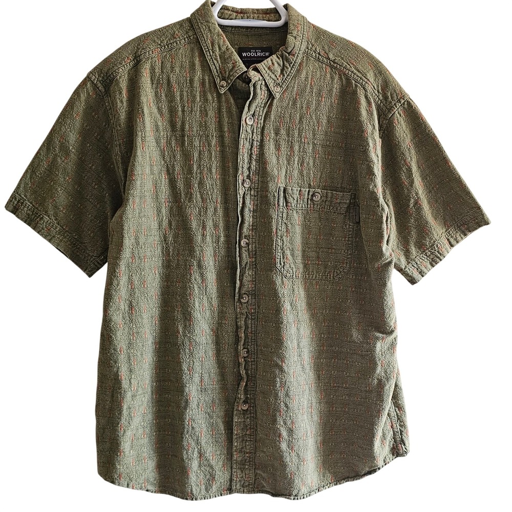 Woolrich Mens Olive Green Textured Dobby Short Sleeve Button Down Shirt Large